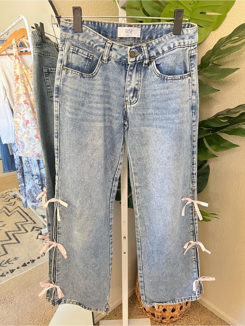 🎀RISE Supply Co. Light Wash Bow Side Tie Jeans Size 0 | Coquette Wide Leg Denim